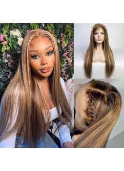 Beautytrend Hair HighLight Honey Blonde Lace Human Hair 4x4 Closure Straight Virgin Hair Wig 180% Density Piano Color #4/27